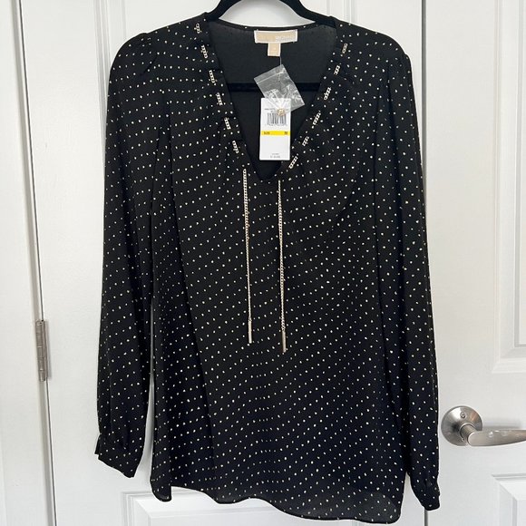 Michael Kors Long sleeve black blouse with gold polka dots and chain NWT - Picture 1 of 7